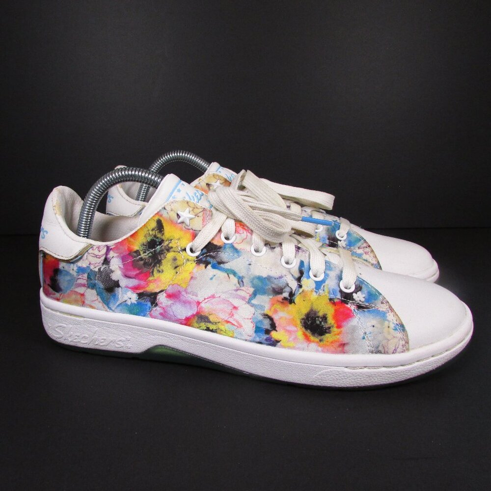 Skechers Women's Sneakers 9.5 Leather Rainbow Flowers Memory Foam Air Cooled